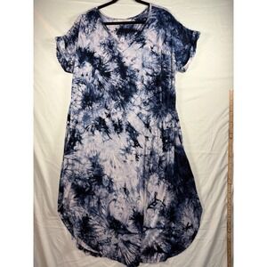 Aoiier Blue White Tie Dye V-Neck T-Shirt Dress Short Sleeve Boho comort festival